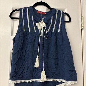NWT Navy & White Embroidered Top By Soy. Size M. $ 55.00. Casual With Tie.
